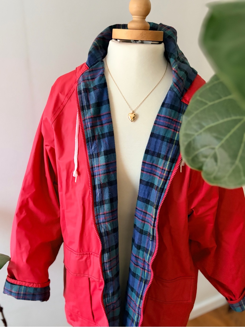 Vintage 90s Misty Harbor Red Plaid Raincoat Hooded Slicker Sz Large (oversized)